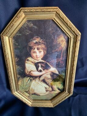 Vintage Octagonal Gold-Framed Portrait Print of Girl with Dog